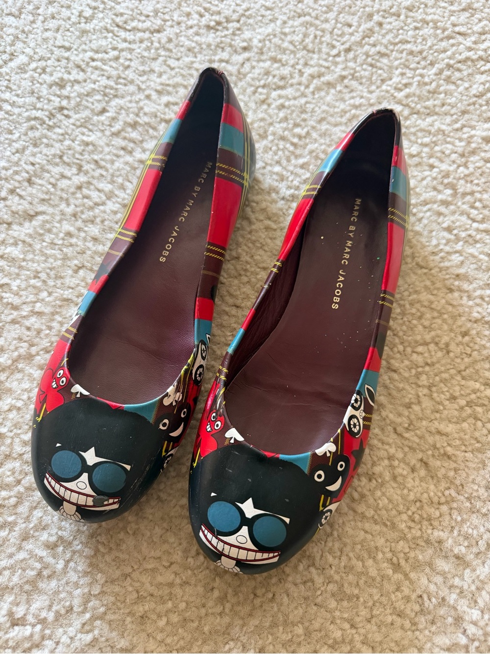 Marc by Marc Jacobs Red Plaid Flats with Playful Character Print